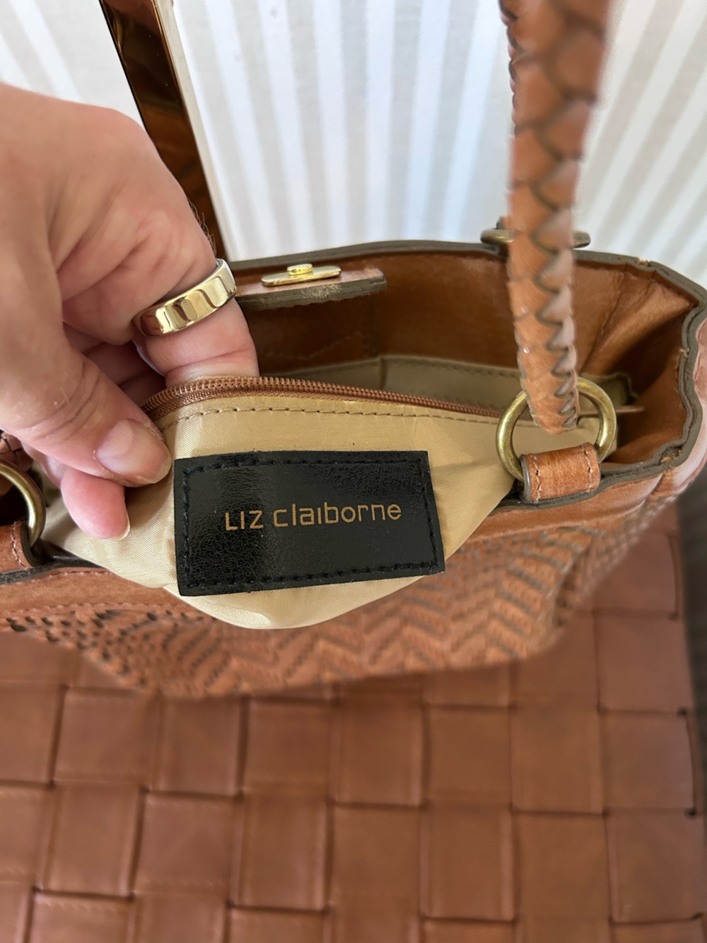 Vintage Liz Claiborne Weave Bucket Bag Brown Woven Leather Purse - Picture 6 of 11